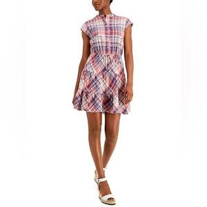 NWOT Tommy Hilfiger Cotton Plaid Sleeveless Shirt Tiered Ruffle Dress Americana